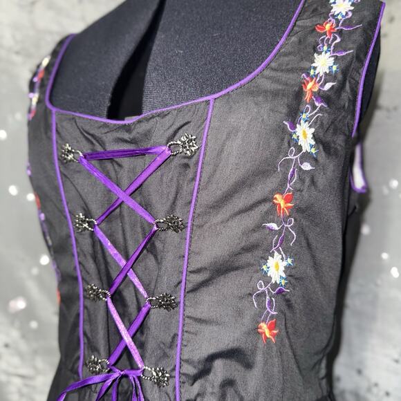 Dirndl World Sz 14 Embroidered Octoberfest Knee Dress Black Floral Corset Scandi - Picture 4 of 5